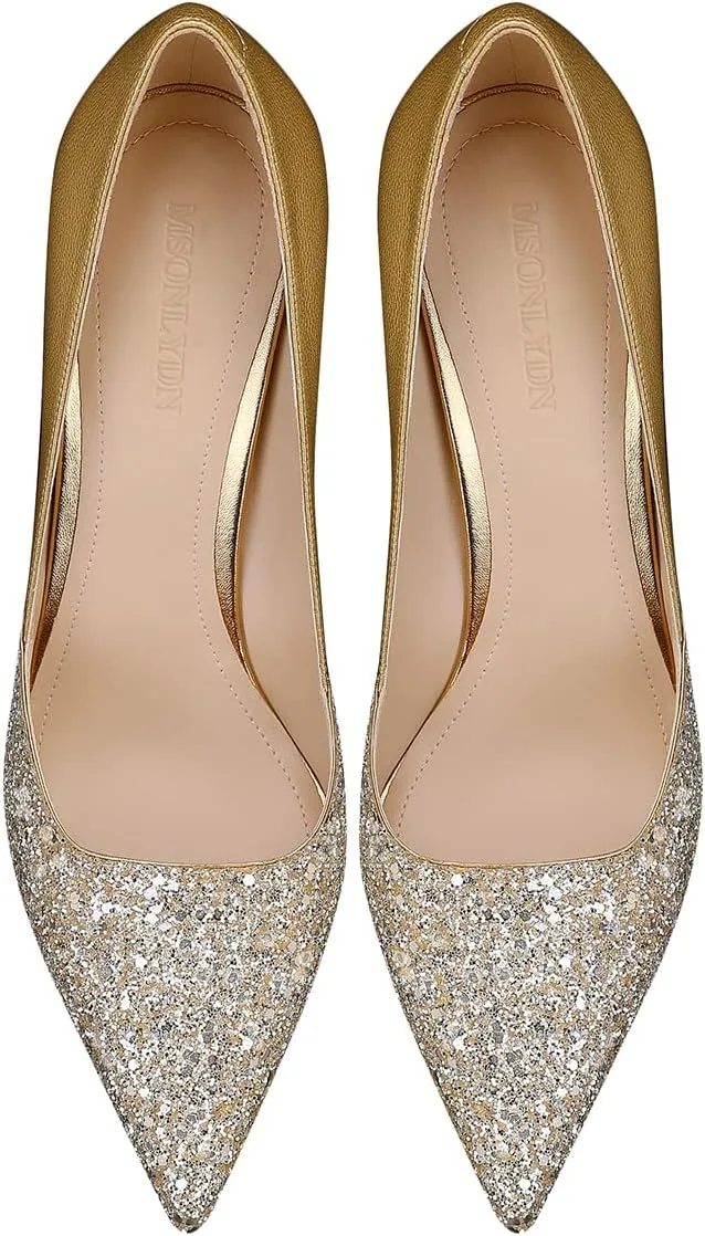 Women's Gold Classic Pointed Toe High Heels Stiletto Pumps with 3.35in Sparkly for Wedding,Party,Dress