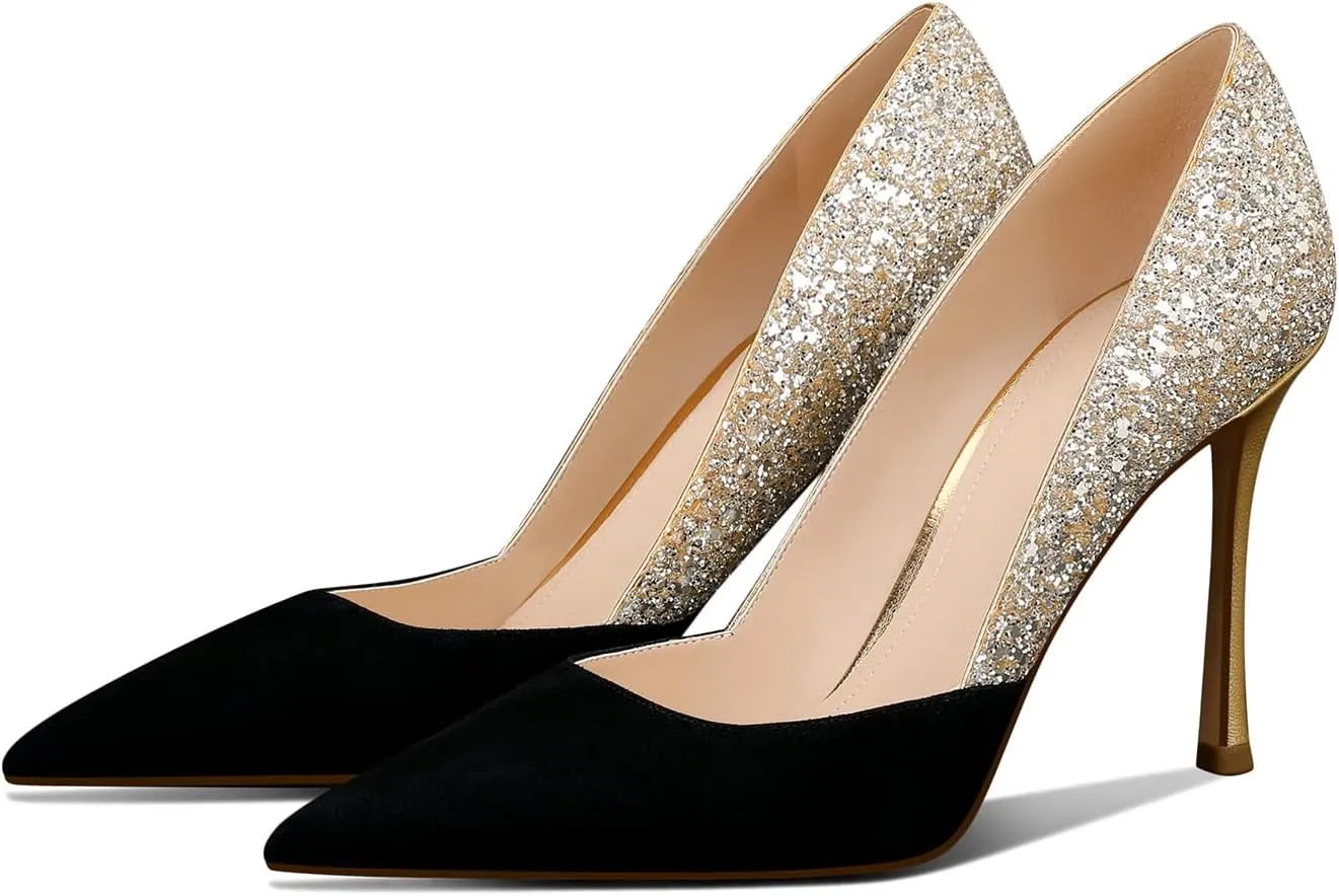 Women's Gold Classic Pointed Toe High Heels Stiletto Pumps with 3.35in Sparkly for Wedding,Party,Dress