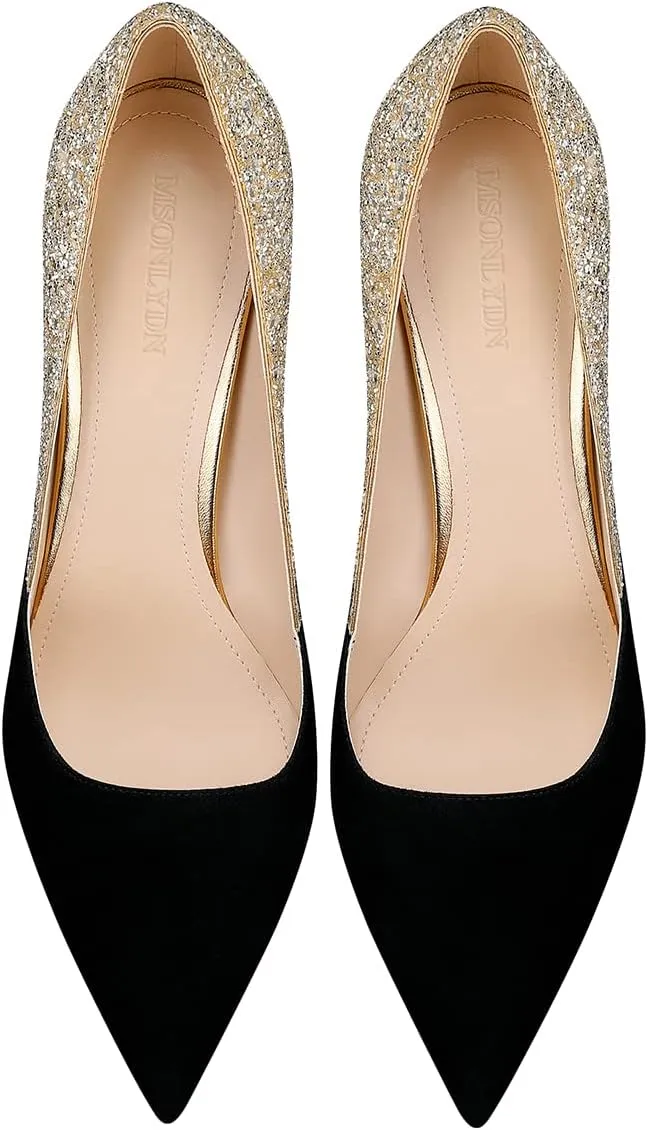 Women's Gold Classic Pointed Toe High Heels Stiletto Pumps with 3.35in Sparkly for Wedding,Party,Dress