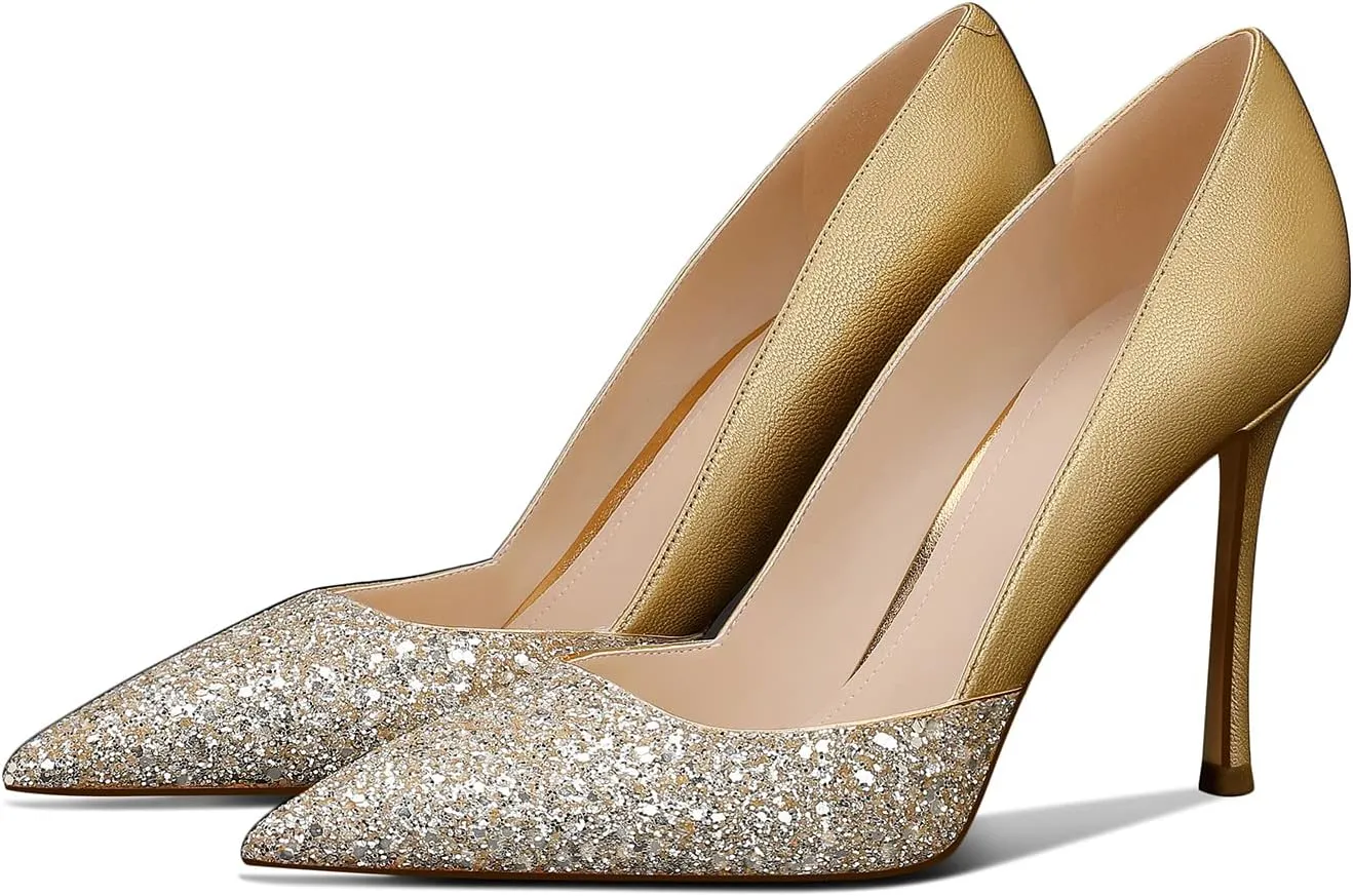 Women's Gold Classic Pointed Toe High Heels Stiletto Pumps with 3.35in Sparkly for Wedding,Party,Dress