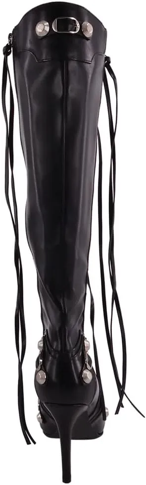 Women's High Heel Ankle Boots With Zipper Metal Chains Stiletto Heel Fringed Tassels Pointed Toe Sexy Motorcycle Combat Booties