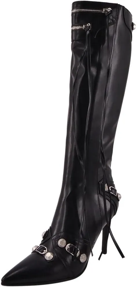 Women's High Heel Ankle Boots With Zipper Metal Chains Stiletto Heel Fringed Tassels Pointed Toe Sexy Motorcycle Combat Booties