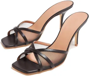 Women's High Heel Sandals Mesh Peep Square Toe Stiletto Mules Party Wedding Dress Crystal High Heels For Ladies