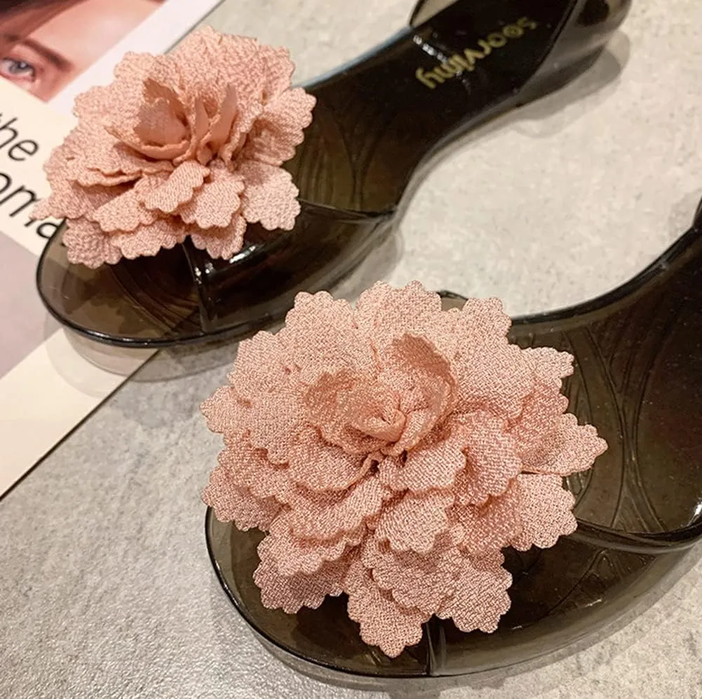 Women’s Jelly Shoes Cute Flower Non-Slip Flat Sandals Comfy Open Toe Clear Jelly Sandal for Outdoor Walking Beach