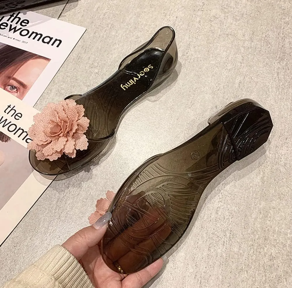 Women’s Jelly Shoes Cute Flower Non-Slip Flat Sandals Comfy Open Toe Clear Jelly Sandal for Outdoor Walking Beach