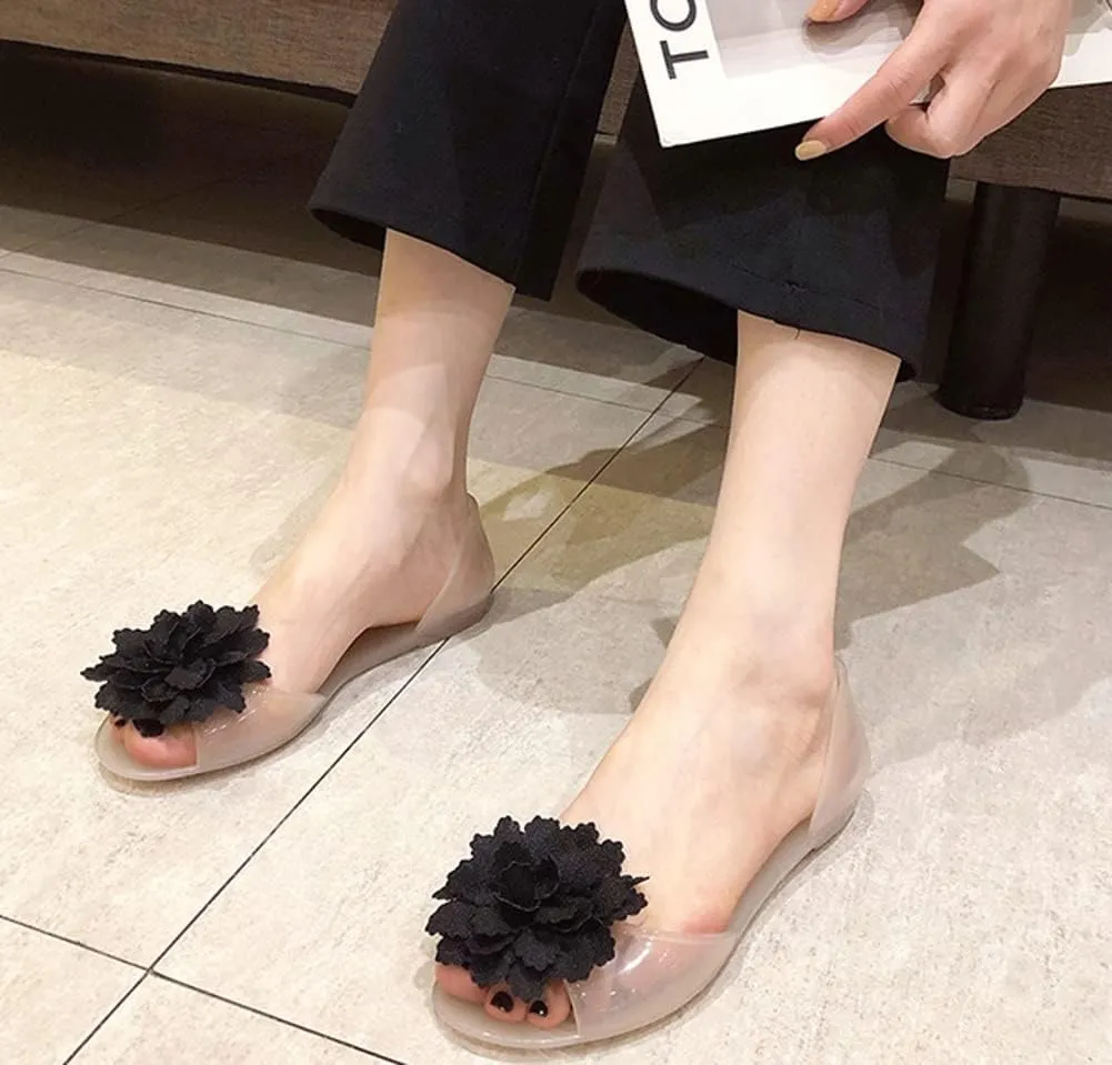 Women’s Jelly Shoes Cute Flower Non-Slip Flat Sandals Comfy Open Toe Clear Jelly Sandal for Outdoor Walking Beach