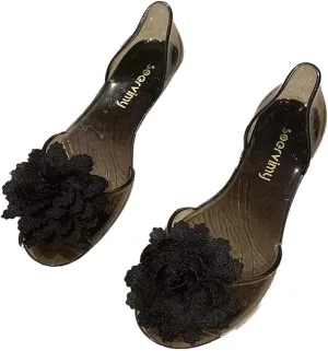 Women’s Jelly Shoes Cute Flower Non-Slip Flat Sandals Comfy Open Toe Clear Jelly Sandal for Outdoor Walking Beach
