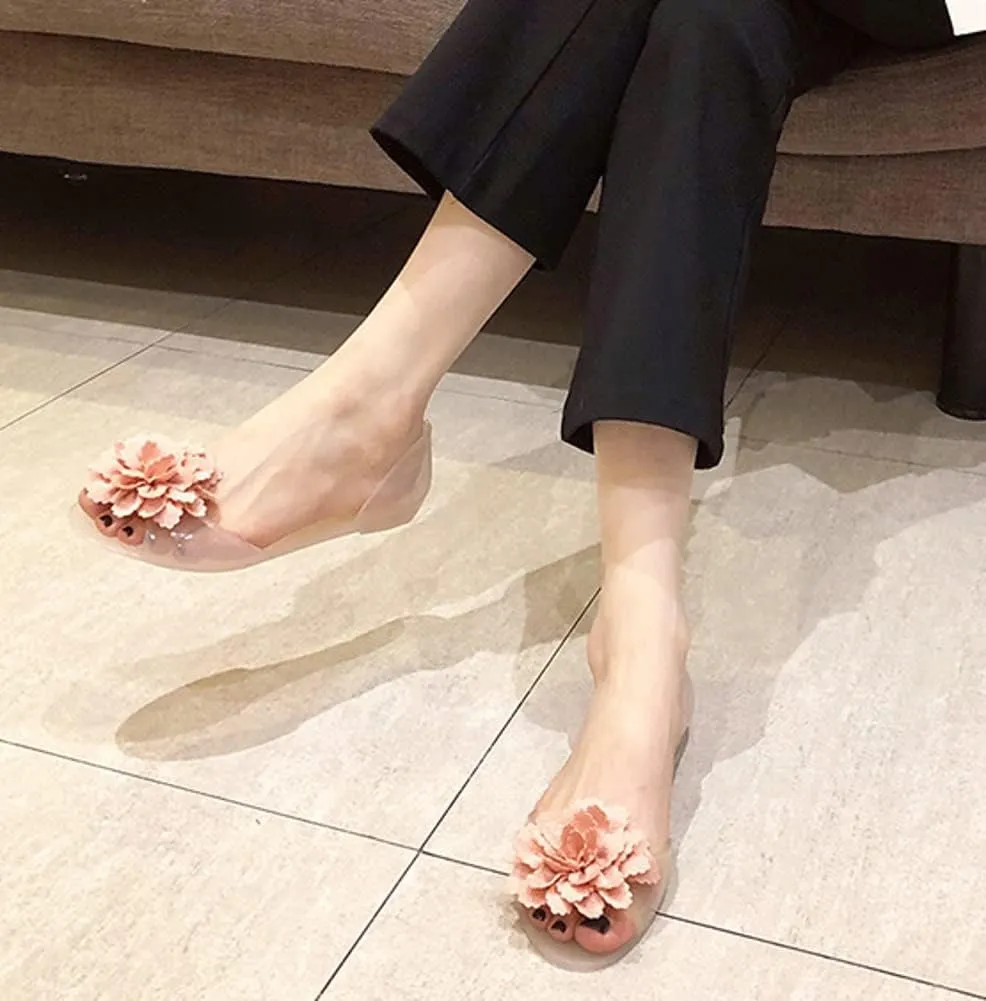 Women’s Jelly Shoes Cute Flower Non-Slip Flat Sandals Comfy Open Toe Clear Jelly Sandal for Outdoor Walking Beach