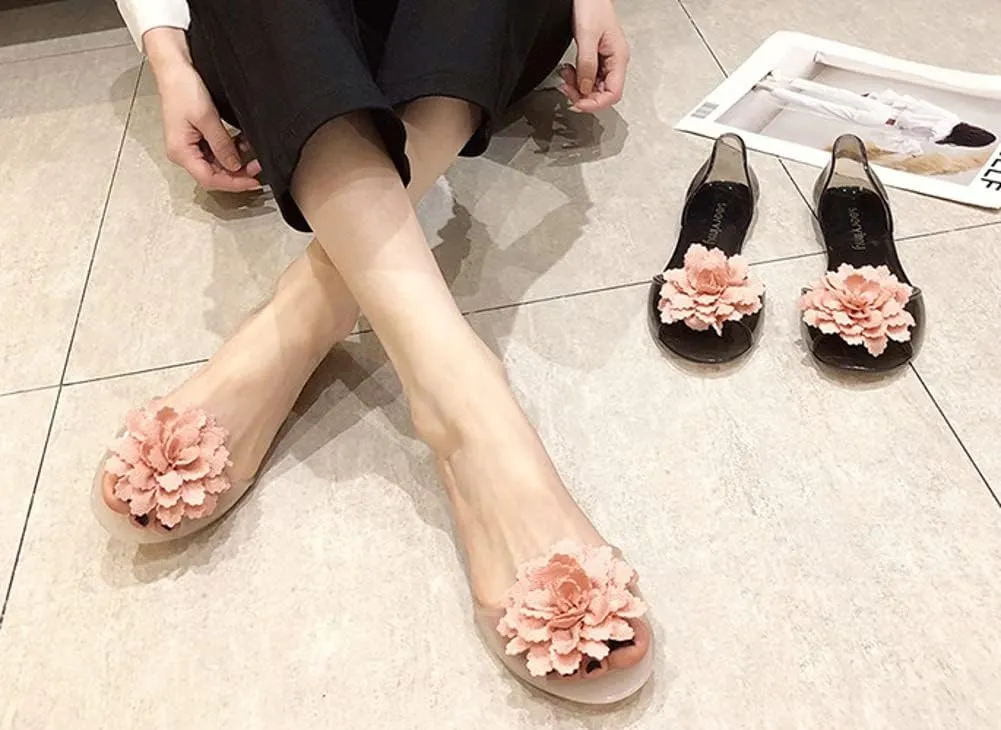 Women’s Jelly Shoes Cute Flower Non-Slip Flat Sandals Comfy Open Toe Clear Jelly Sandal for Outdoor Walking Beach