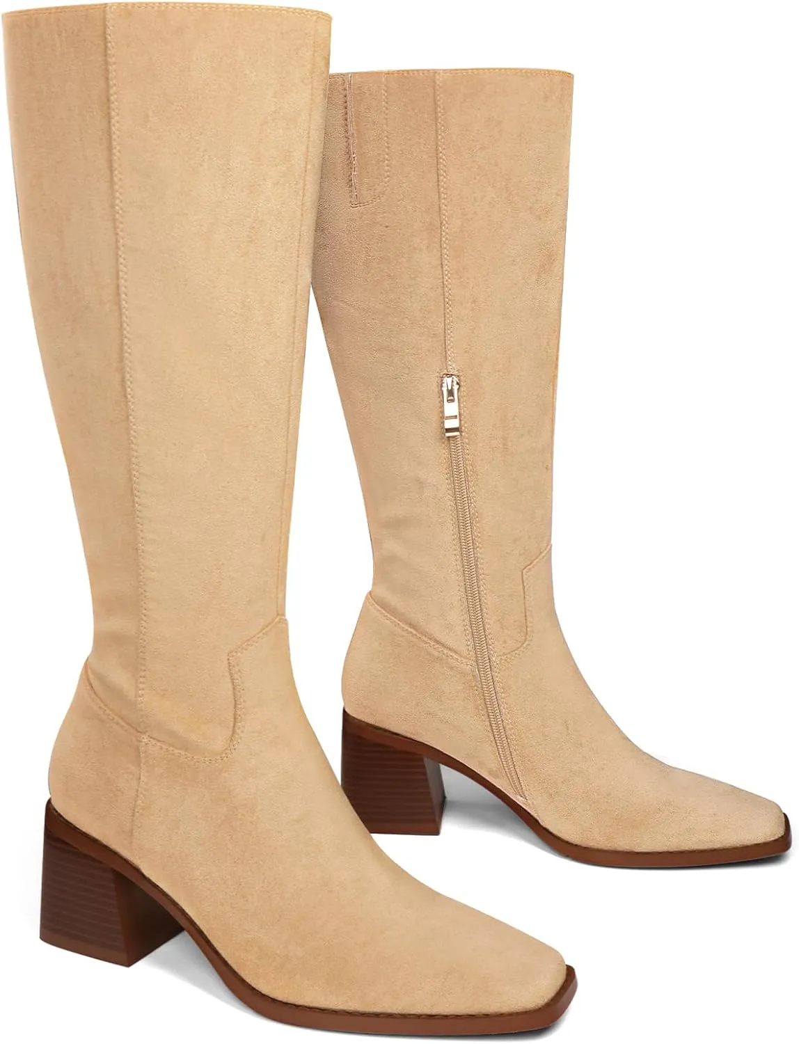 Women's Knee High Boots Chunky Heel Square Toe Tall Boots High Block Heel Side Zipper Fashion Long Boots