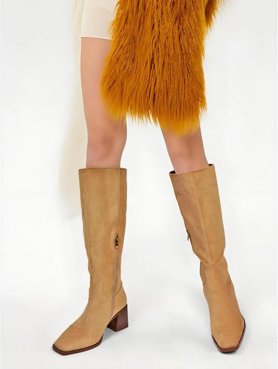 Women's Knee High Boots Chunky Heel Square Toe Tall Boots High Block Heel Side Zipper Fashion Long Boots