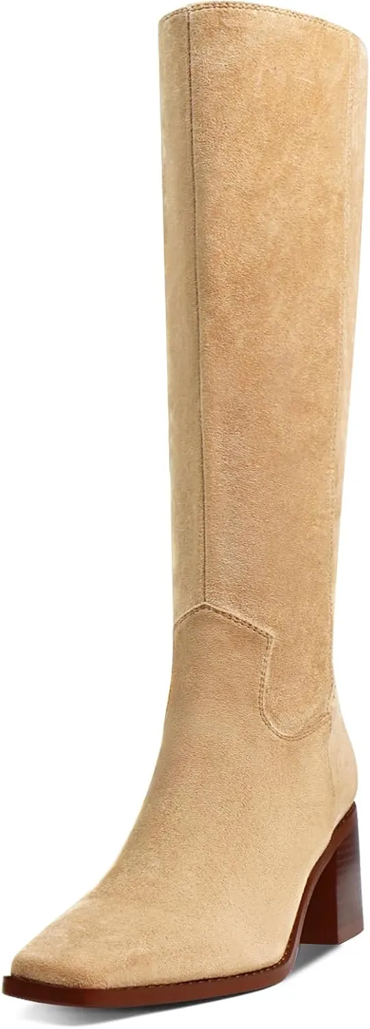 Women's Knee High Boots Chunky Heel Square Toe Tall Boots High Block Heel Side Zipper Fashion Long Boots
