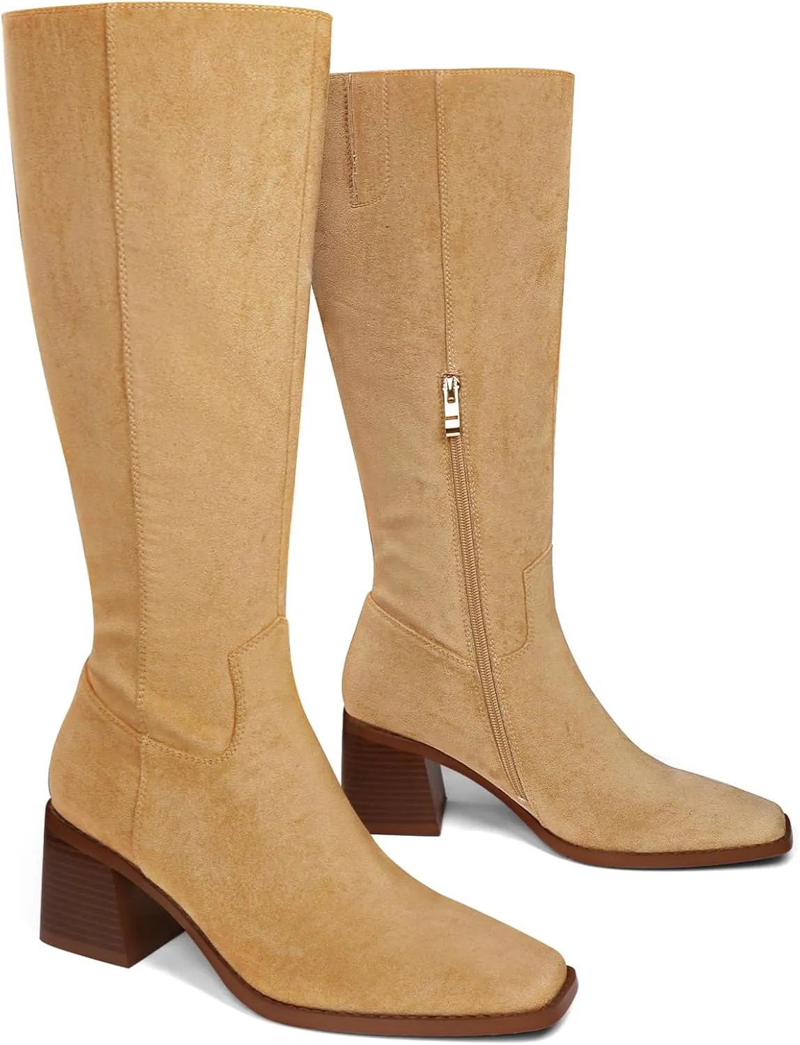 Women's Knee High Boots Chunky Heel Square Toe Tall Boots High Block Heel Side Zipper Fashion Long Boots