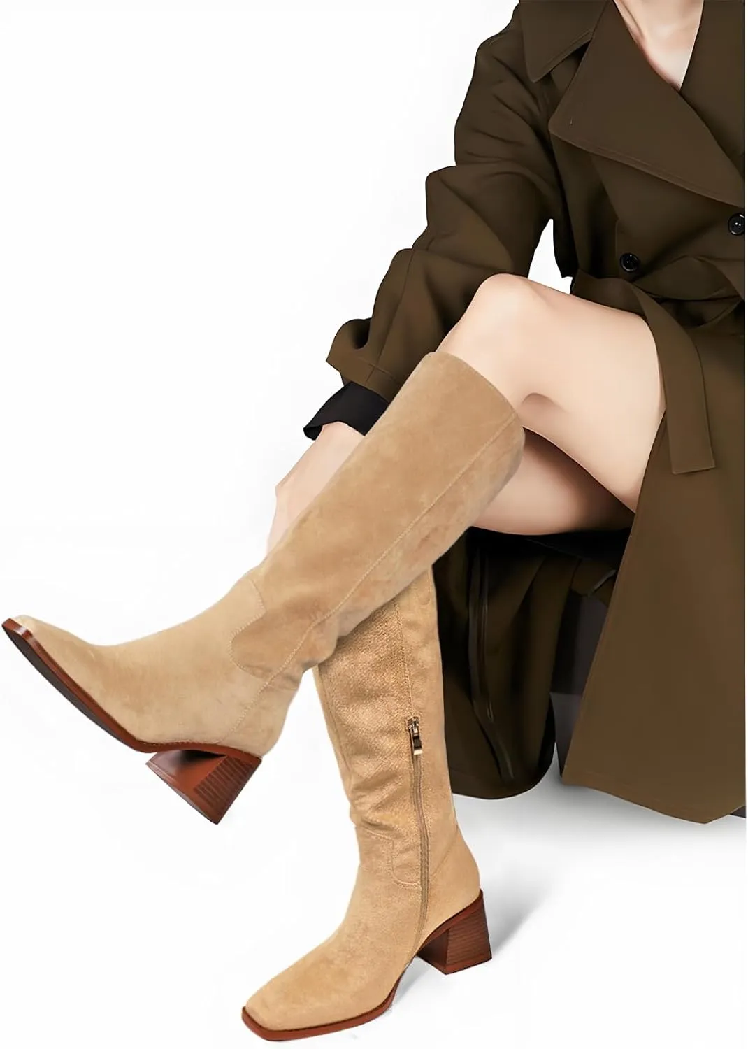 Women's Knee High Boots Chunky Heel Square Toe Tall Boots High Block Heel Side Zipper Fashion Long Boots