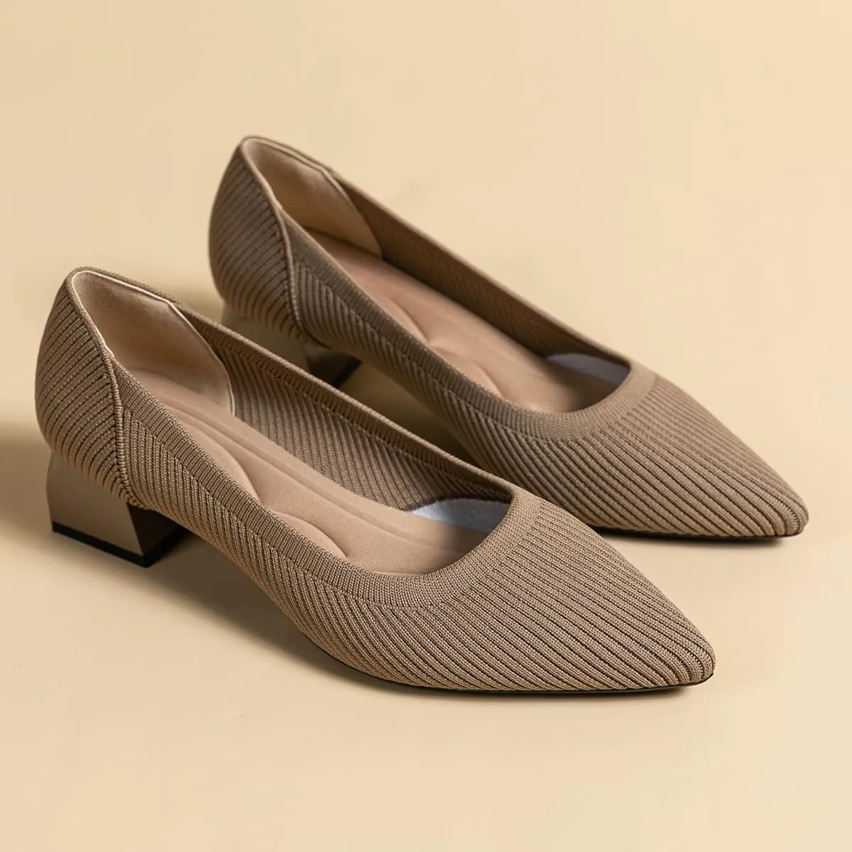 Women's Knit Pumps Block Heel Slip On Sweater Pointed Toe Low Heel Knitted Pumps