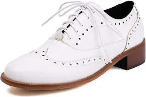 Women's Leather Wingtip Low Chunky Heel Oxfords Vintage Lace-Up Comfort Brogue Saddle Shoes Casual Breathable Business Dress Work Shoes
