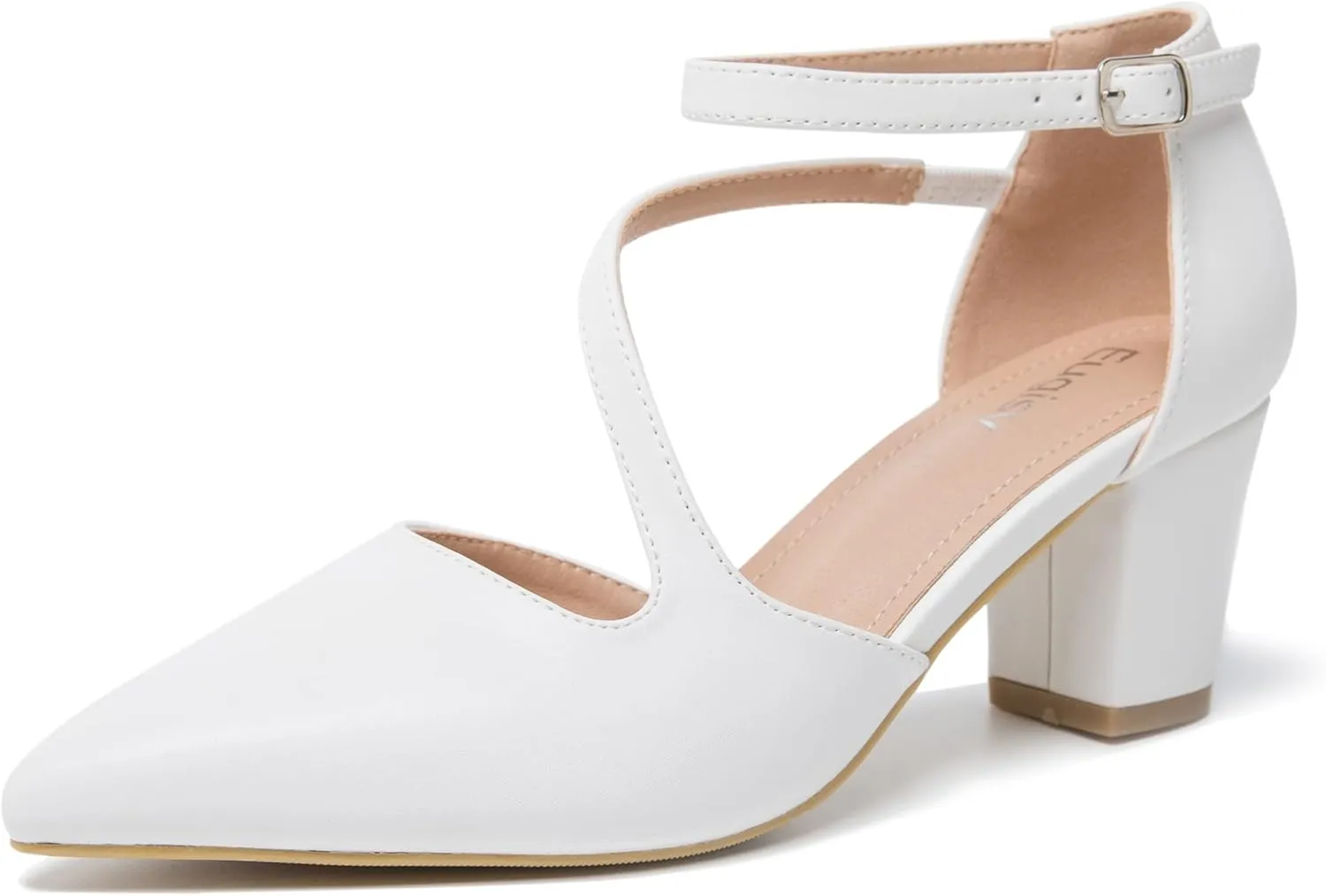 Women's Low Heel Pumps Closed Pointed Toe Block Chunky Heel Cross Strap Wedding Bridal Party Dress Shoes