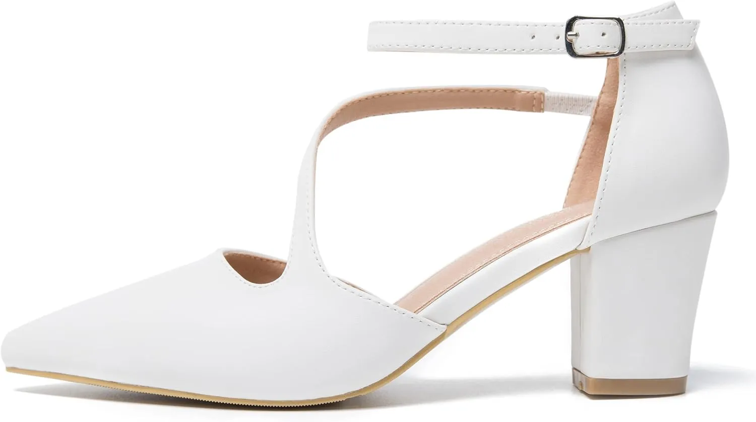 Women's Low Heel Pumps Closed Pointed Toe Block Chunky Heel Cross Strap Wedding Bridal Party Dress Shoes