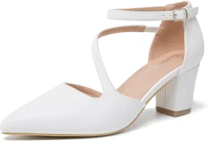 Women's Low Heel Pumps Closed Pointed Toe Block Chunky Heel Cross Strap Wedding Bridal Party Dress Shoes