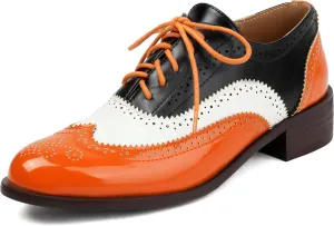 Women's Multicolor Leather Flat Classic Lace Up Oxfords Brogue Wingtip Round Toe Vintage Low Heel Pumps Business Work Office Dress Comfortable Shoes