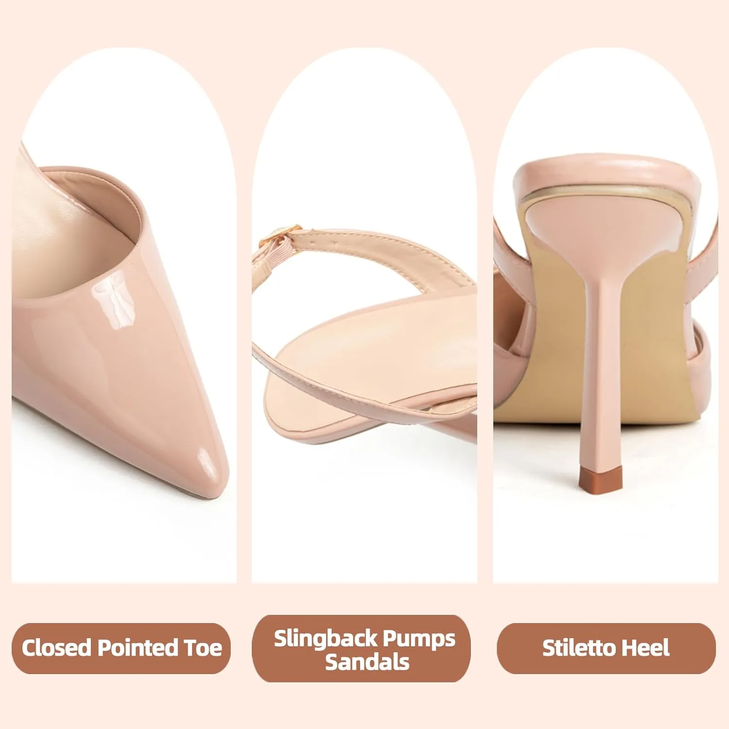 Women's Nude Slingback Kitten Heel Sandals,Closed Pointed Toe Stiletto Pumps,Slip-on Pointy Toe Bride Wedding Dress Shoes