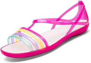 Women's Open Toe Colorful Neon Jelly Flat Sandals,Summer T-Strap Rainbow Gladiator Clear Rain Shoes Slip On Beach Casual Width Toe Sandals