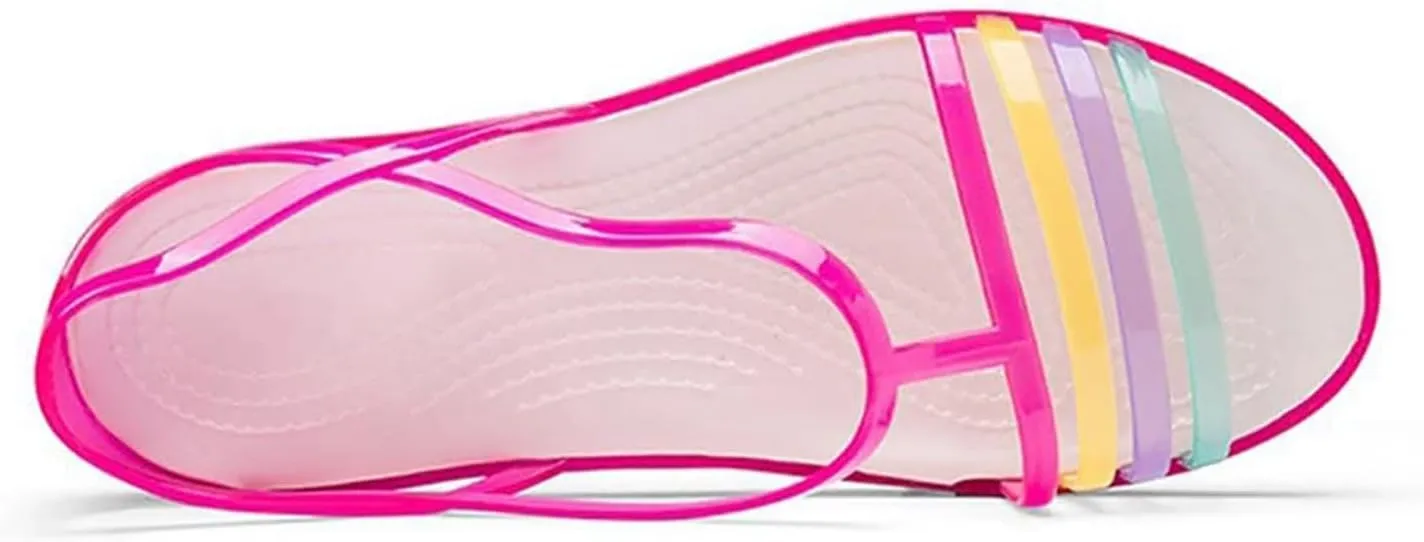 Women's Open Toe Colorful Neon Jelly Flat Sandals,Summer T-Strap Rainbow Gladiator Clear Rain Shoes Slip On Beach Casual Width Toe Sandals