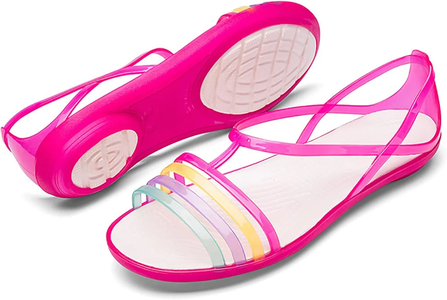 Women's Open Toe Colorful Neon Jelly Flat Sandals,Summer T-Strap Rainbow Gladiator Clear Rain Shoes Slip On Beach Casual Width Toe Sandals