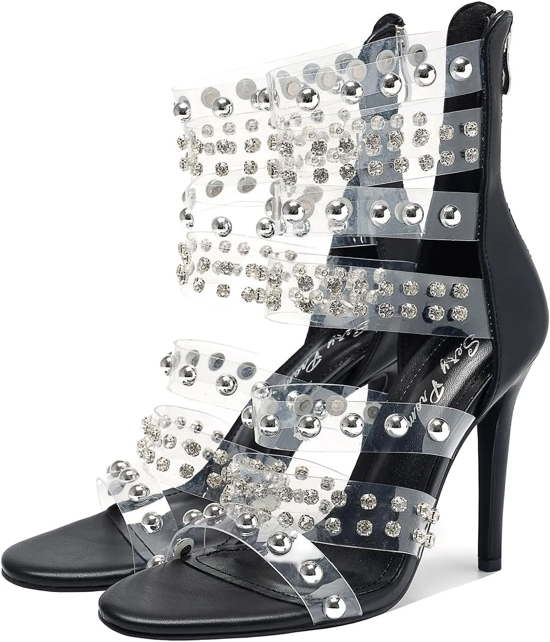 Women's Open Toe Crystal Ankle Strap Stiletto High Heel Metallic Pearl Accents & Zip 4.3IN Nightclub Party Wedding Shoes