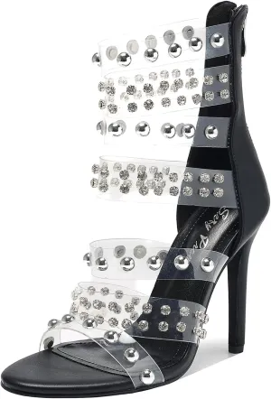 Women's Open Toe Crystal Ankle Strap Stiletto High Heel Metallic Pearl Accents & Zip 4.3IN Nightclub Party Wedding Shoes