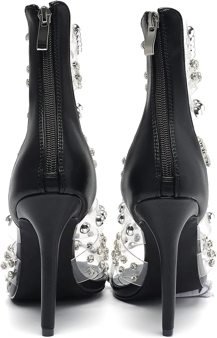 Women's Open Toe Crystal Ankle Strap Stiletto High Heel Metallic Pearl Accents & Zip 4.3IN Nightclub Party Wedding Shoes