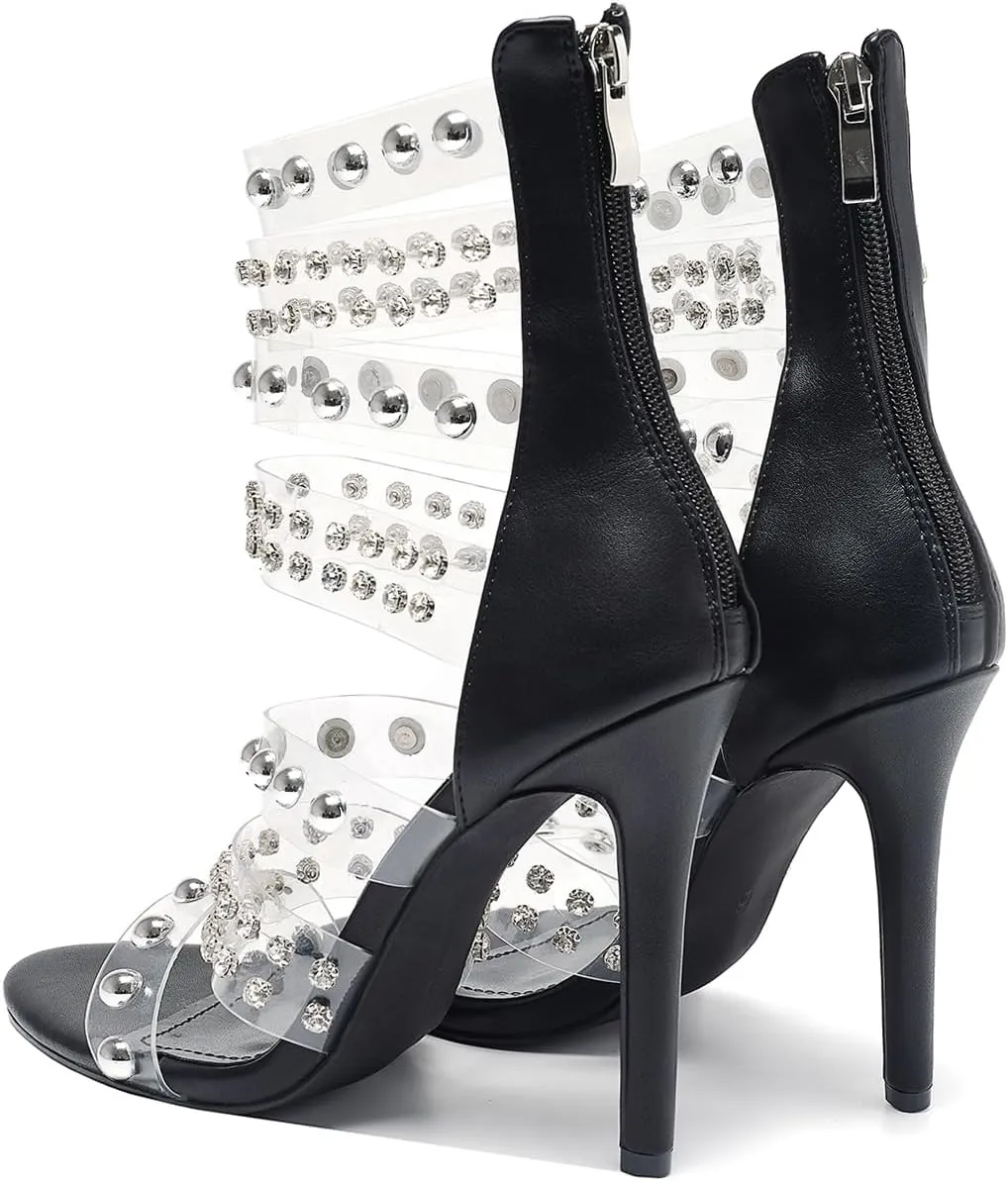 Women's Open Toe Crystal Ankle Strap Stiletto High Heel Metallic Pearl Accents & Zip 4.3IN Nightclub Party Wedding Shoes