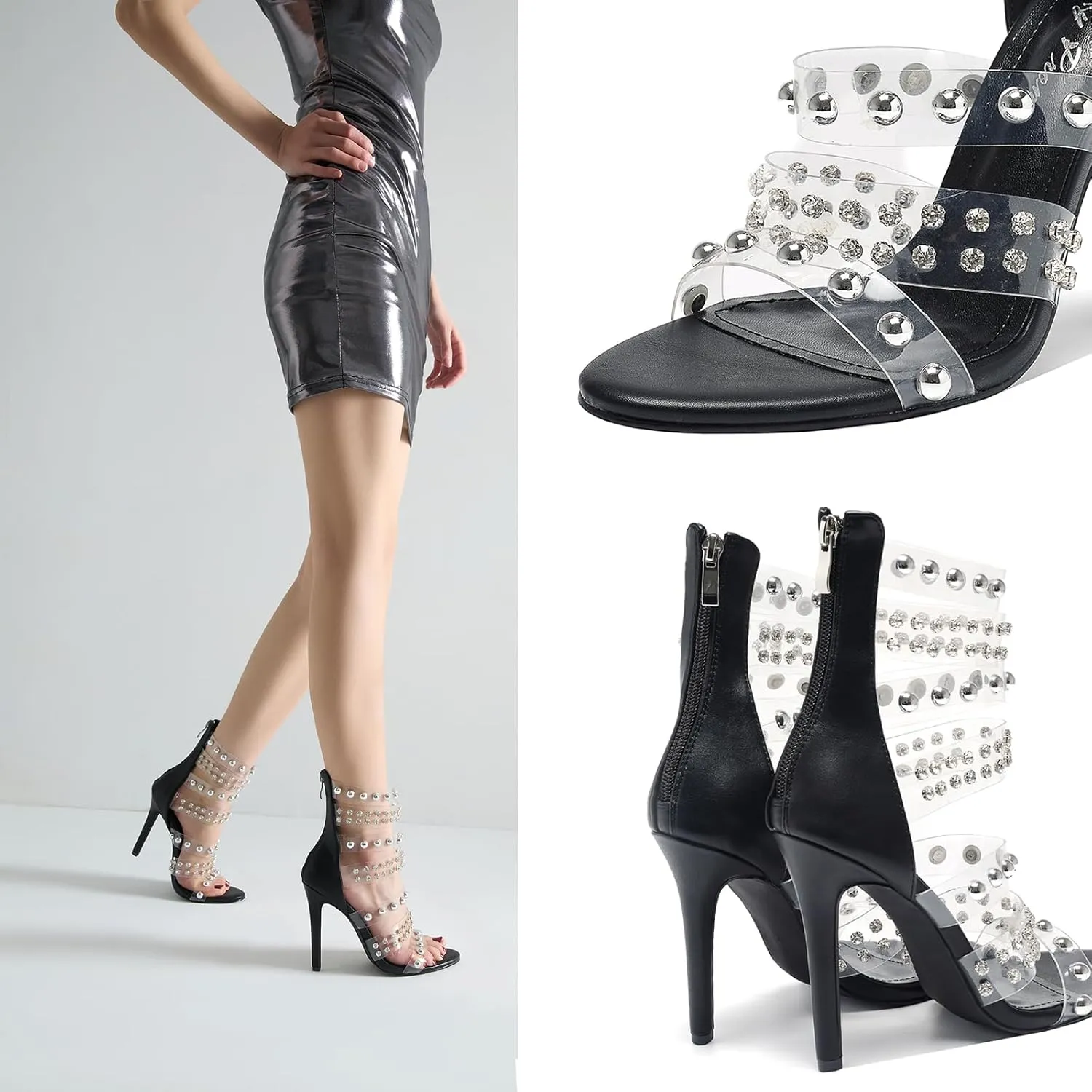 Women's Open Toe Crystal Ankle Strap Stiletto High Heel Metallic Pearl Accents & Zip 4.3IN Nightclub Party Wedding Shoes