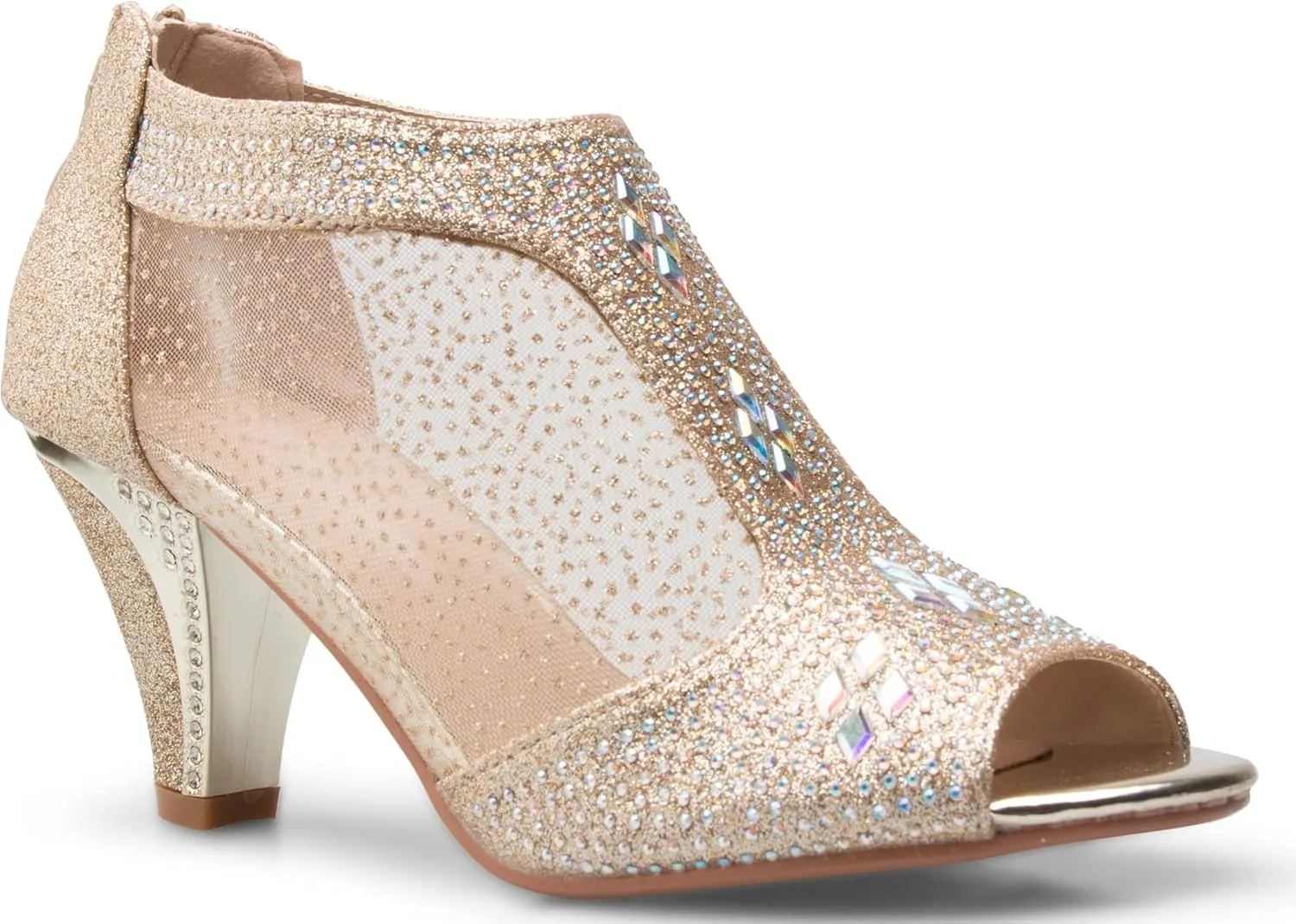 Women's Open Toe Glitter Shimmer T-Strap Cage Low Heels Wedge Sandal