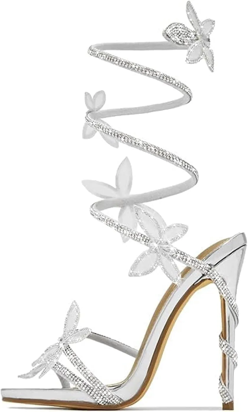 Women's Open Toe High Heel Rhinestone Lace Up Sandals