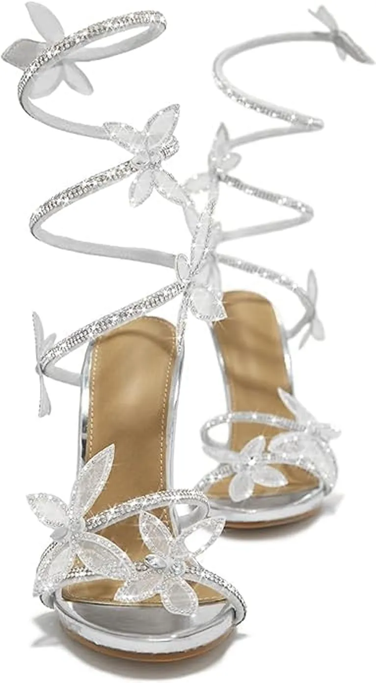 Women's Open Toe High Heel Rhinestone Lace Up Sandals