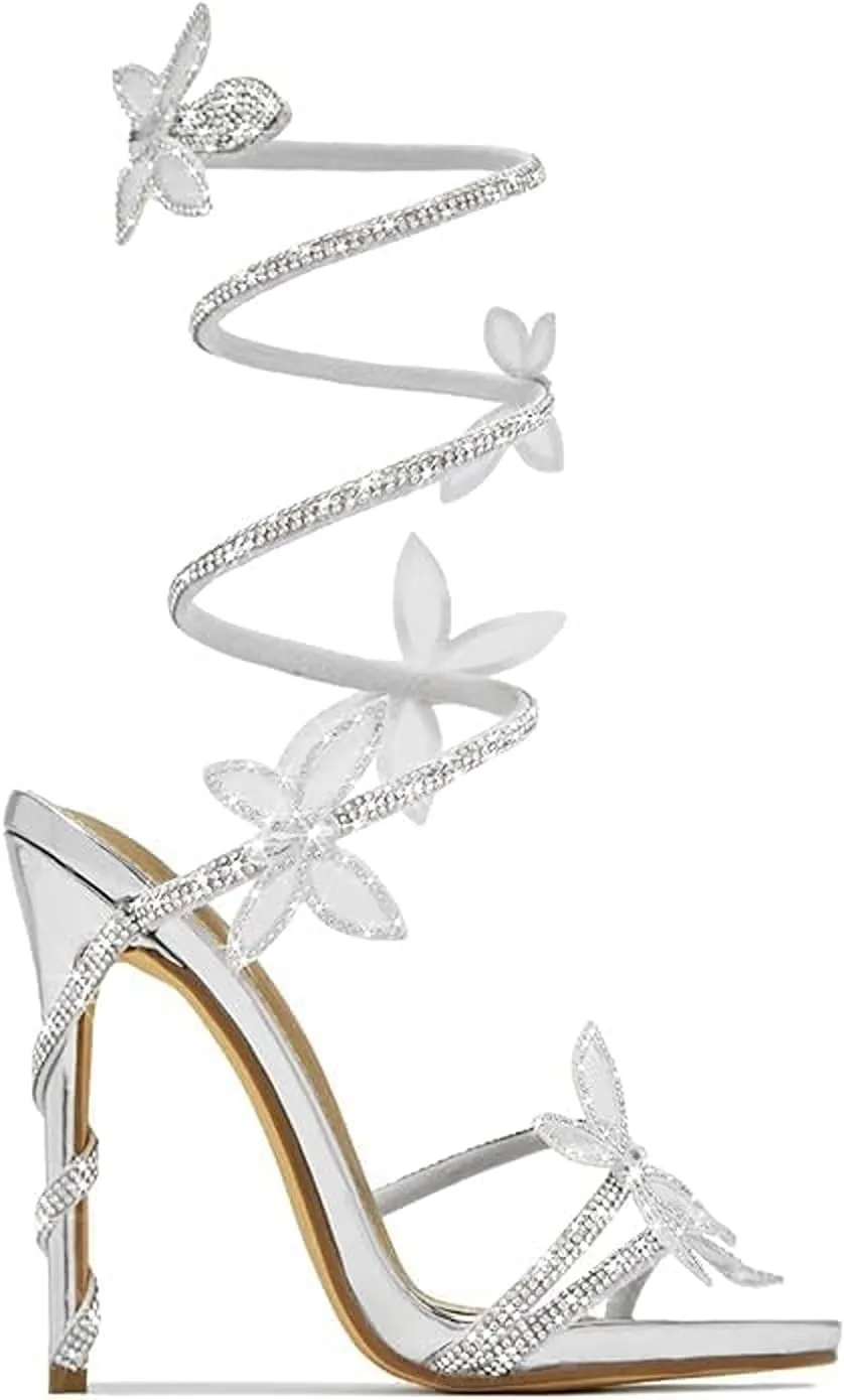 Women's Open Toe High Heel Rhinestone Lace Up Sandals
