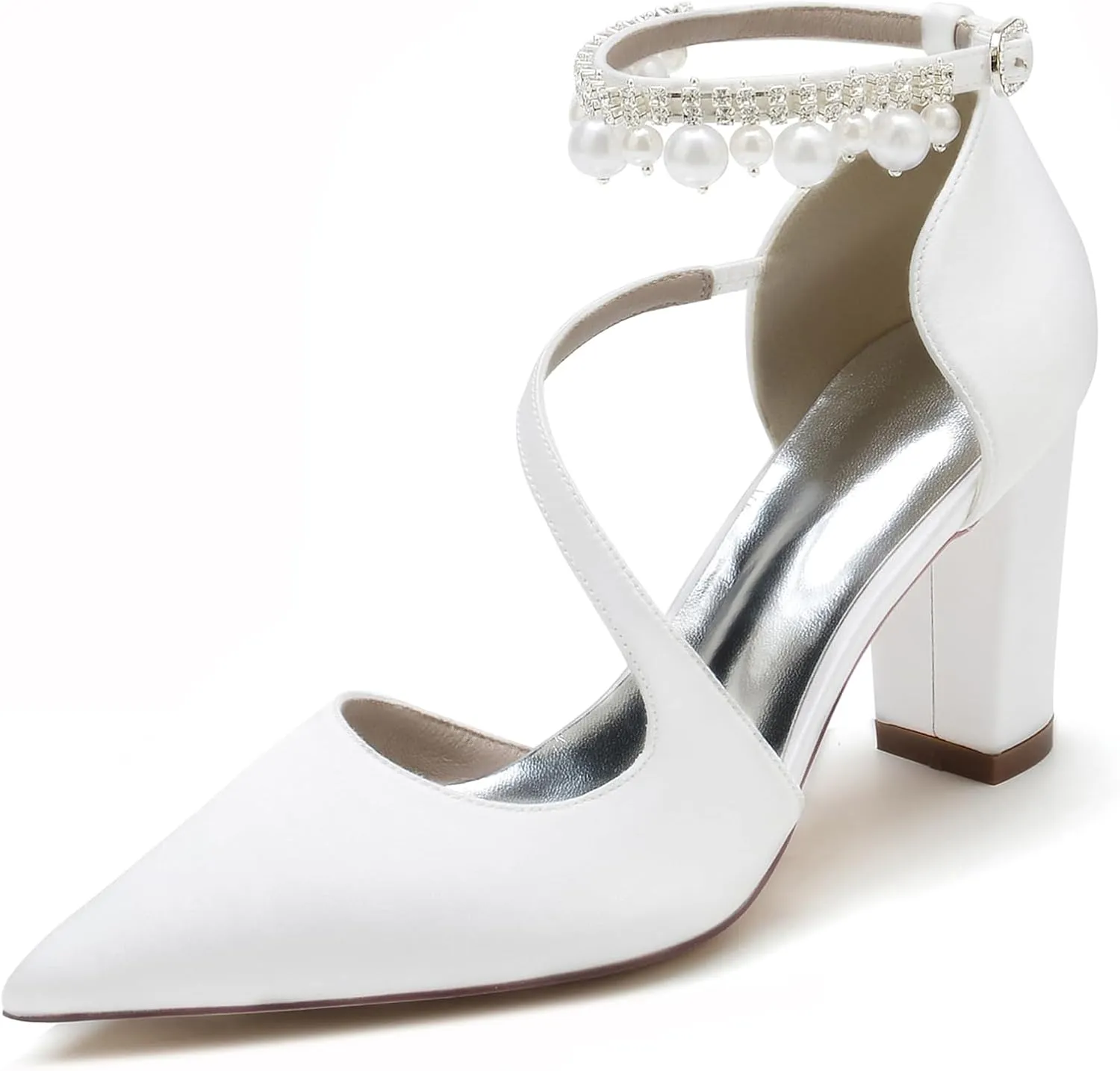 Women's Pearl Ankle Strap Bridal Shoes Satin Chunky Block Heel Wedding High Heels Closed Pointed Toe Sandals