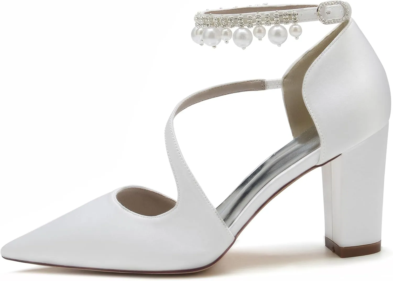 Women's Pearl Ankle Strap Bridal Shoes Satin Chunky Block Heel Wedding High Heels Closed Pointed Toe Sandals