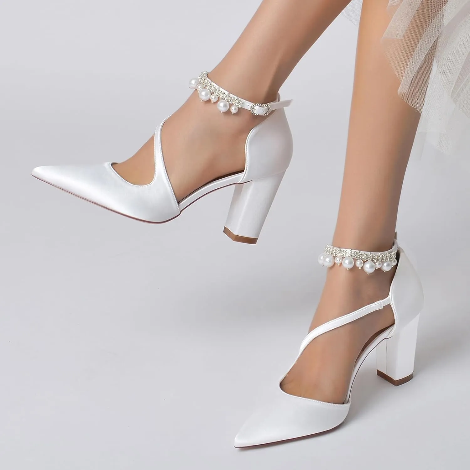 Women's Pearl Ankle Strap Bridal Shoes Satin Chunky Block Heel Wedding High Heels Closed Pointed Toe Sandals