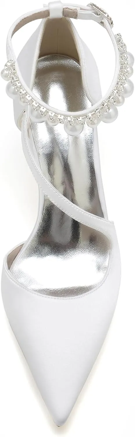 Women's Pearl Ankle Strap Bridal Shoes Satin Chunky Block Heel Wedding High Heels Closed Pointed Toe Sandals