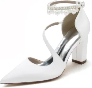 Women's Pearl Ankle Strap Bridal Shoes Satin Chunky Block Heel Wedding High Heels Closed Pointed Toe Sandals