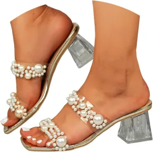 Women's Pearl Heels Sandals 2025 Summer Casual Square Clear Chunky Low Heel Sandals Transparent Strap Stiletto High Heels Slip on Mules Party Wedding Daily Wear Footwear