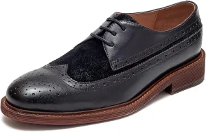 Women's Perforated Classic Lace-up Oxfords Brogue Wingtip Round Toe Derby Saddle Leather Shoes for Women Girls Lady Wife