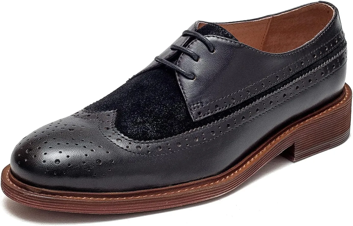 Women's Perforated Classic Lace-up Oxfords Brogue Wingtip Round Toe Derby Saddle Leather Shoes for Women Girls Lady Wife