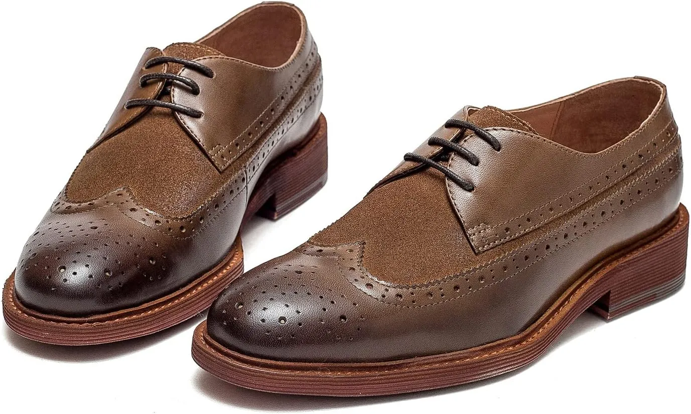 Women's Perforated Classic Lace-up Oxfords Brogue Wingtip Round Toe Derby Saddle Leather Shoes for Women Girls Lady Wife