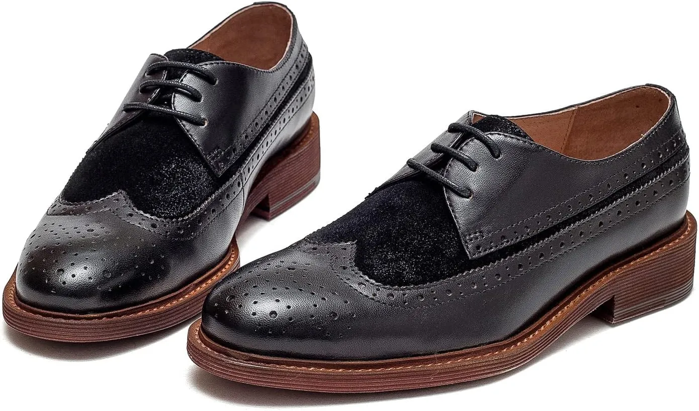 Women's Perforated Classic Lace-up Oxfords Brogue Wingtip Round Toe Derby Saddle Leather Shoes for Women Girls Lady Wife