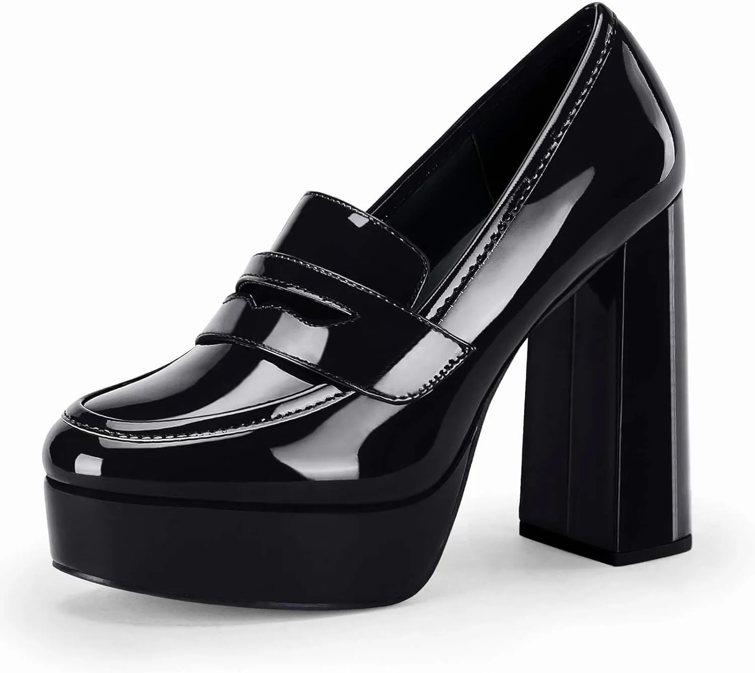 Womens Platform Heels Loafers Chunky High Heel Closed Toe Patent Leather Shoes Penny Loafer Business Dress Work Pumps