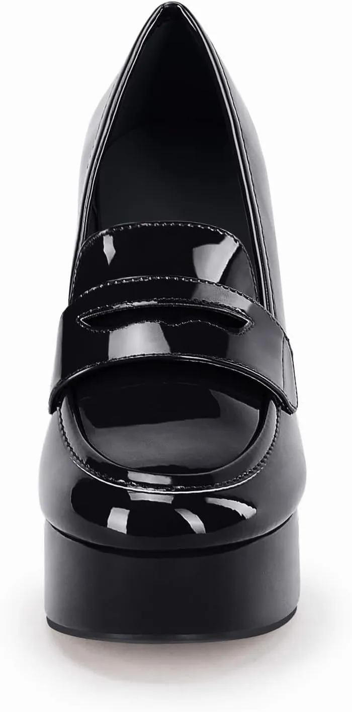Womens Platform Heels Loafers Chunky High Heel Closed Toe Patent Leather Shoes Penny Loafer Business Dress Work Pumps