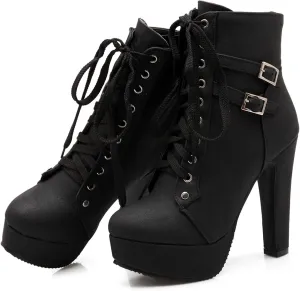Womens Platform Lace Up Biker Boots Chunky High Heel Booties Buckle